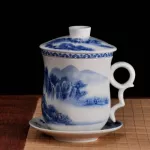 Blue And White Porcelain Office Four-Piece Cup With Lid Including Filter Equipment Personal Lunch Cup Conference