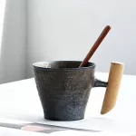 Vintage Ceramic Coffee Mug Japanse Style Tea Cup Tumbler Rust Glaze Office Milk Milk With Spoon Wood Handle Drinkware