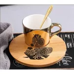 Plating Mirror Reflection Ceramic Coffee Mugs With Wood Dish Tea Cups Creative Drinkware Send Box