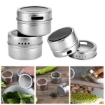 Magnetic Spice Jar Set with Rack Holder Stainless Steel Spice Tins Spice Storage Container Pepper Seasoning Sprays Tools