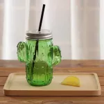 Creative 3D CACTUS GLAST JAR MUG LID and Straw Cold Drink Smoothie Cup Water Glass Cup