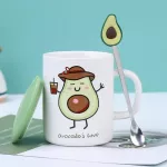 Coffee Mug Set Cute Cup Ceramic Creative Color Avocado Heat-Resistant Mug Cartoon With Lid 450ml Kids Office Home Drinkware
