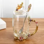 Enamel Colorful Flower Teacup Home Water Cup Living Room Coffee Cup Cystal Glass Teacup with Lid and Spoon HandgIRP