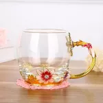 Enamel Colorful Flower Teacup Home Water Cup Living Room Coffee Cup Cystal Glass Teacup with Lid and Spoon HandgIRP