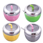 High Quality Stainless Steel Apple Sugar Bowl Seasoning Jar Condiment Pot Spice Container Canister Cruet with Lid and Spoon