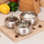 Stainless Steel Seasoning Pepper Jar Spice Salt Container with Spoon Glass Cover Home Restaurant Kitchen Supplies