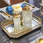 Retro Style Golden Iron Delicate Glass Mirror Base Tray Bedroom Desk Jewelry Cosmetic Storage