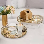 Retro Style Golden Iron Delicate Glass Mirror Base Tray Bedroom Desk Jewelry Cosmetic Storage