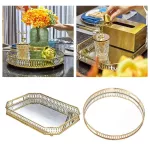 Retro Style Golden Iron Delicate Glass Mirror Base Tray Bedroom Desk Jewelry Cosmetic Storage