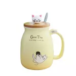 Duolvqi Cartoon Cat Coffee Mug Teacup Creative Ceramic Mugs Lovely Water Cup With Wooden Lid And Stainless Steel Spoon 401-500ml