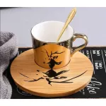 Playing Mirror Reflection Ceramic Coffee Mugs with Wood Dish Tea Cups Creative Drinkware SEND BOX