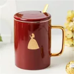 450ml Creative Wedding Couple Cup Red Ceramic Mug With Lid And Stainless Steel Spoon For Husband And Wife