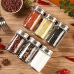 6PCS Stainless Steel Lid Condiment Pot Seasoning Bottle Glass Kitchen Supplies and Materials Saltcellar Rotational Reggulation
