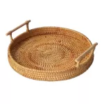 Round Hand-Woven Fruit Storage Basket Rattan Bread Serving Handcrafted Tray Platter With Wooden Handle Retro Classic Picnic Prop