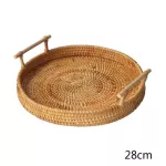 Round Hand-Woven Fruit Storage Basket Rattan Bread Serving Handcrafteed Tray Platter with Wooden Handle Retro Classic Picnic Prop