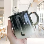 400ml Cute Black Grayient Starry Sky Coffee Mugs Office Home Water Milk Cup with Lid Spoon Ceramic Mug Drinkware
