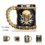 Gothic Skull Resin Stainless Steel Beer Mug 450ml Retro Tankard Creative Coffee Cup Viking Tea Mug Pub Bar Decor Drop Shipping