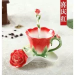 Best 3D Rose Shape Flower Enameic Coffee Tea Cup and Saucer Spoon High-Grade Porcelain Cup Creative Valentine Design
