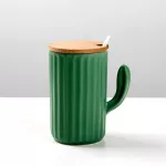 270ml Wooden Lid Ceramic Water Cup with Spoon Green Cactus Mug with Handle Creative Milk Coffee Cup Juice Office Water Cup