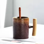 260-300ml Creative Ce rate Coffee Mug Tumbler Rust Glaze with Wooden Handle Tea Milk Beer Water Cup Home Office Drinkware