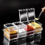 3/4GRID Acrylic Transparent Seasoning Box Salt and Pepper Kitchen Spice Container Condiment Storage with Spoon Seasoning Box Set