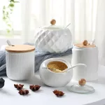 Household Kitchen Supplies Salt Shaker/Creative Oiler Wave Pattern Seasoning Jar White Ceramic Wood Cover Storage Tool
