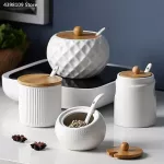 Household Kitchen Supplies Salt Shaker/Creative Oiler Wave Pattern Seasoning Jar White Ceramic Wood Cover Storage Tool
