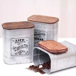 Vintage Metal Square Candy Trinket Tin Storage Box with Wooden Cover Cans Coffee Tea Seasoning Jewelry Case Stackable Box