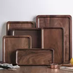 Square/Round Storage Plate Wooden Coasters Tray for Drinks with Water Storage Function Nature Walnut Tray Kitchen Tableware