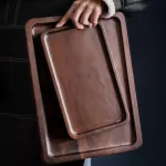 Square/Round Storage Plate Wooden Coasters Tray for Drinks with Water Storage Function Nature Walnut Tray Kitchen Tableware