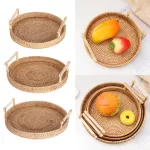Rattan Handwoven Round High Wall Severash with Handle Food Storage Plate Handles for Breakfast Drink Coffee Tea