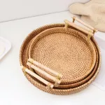 Rattan Handwoven Round High Wall Severash with Handle Food Storage Plate Handles for Breakfast Drink Coffee Tea