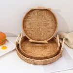 Rattan Handwoven Round High Wall Severash with Handle Food Storage Plate Handles for Breakfast Drink Coffee Tea