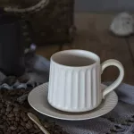 Art Retro Roman Embossed Ceramic Coffee Cup and Saucer Japanware White Pattern Hanging Ear Pull Flower Latte Cup