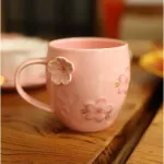 Eco-Friendly Ceramic 3d Cherry Blossoms Coffee Mug Pink Exquisite Tea Mug With Spoon Kawaii Handmad Milk Water Cup Birthday