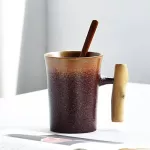Japanse-Steyle Vintage Ceramic Coffee Mug Tumbler Rust Glaze Tea Milk Beer Mug with Wood Handle Water Cup Home Office Drinkware