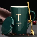 Creative Last Name Letter Ceramic Water Cup Mark Cup With Lid Spoon Couple Cup Customizable Logo Coffee Milk Cup