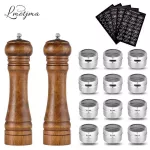LMETJMA Wood Salt Pepper Mill and Magnetic Spice Jars Set Pepper Grinders Salt Salt Adjustable Ceramic Rotor KC0215