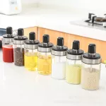Kitchen Supplies Seasoning Jar Seasoning Pot Set Combination Glass Creative Kitchen Supplies Spoon Cover Integrated Round