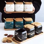 Creative Nordic Marble Pattern Ceramic Kitchen Seasoning Tank Salt Shaker Spice Jar with Wooden Cover Kitchen Accessories