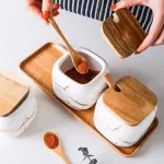 Creative Nordic Marble Pattern Ceramic Kitchen Seasoning Tank Salt Shaker Spice Jar with Wooden Cover Kitchen Accessories
