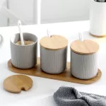 3PCS/Set Nordic Ceramic Spice Jar with Lid and Spoon Creative Seasoning Box Salt Pepper Shaker Kitchen Condiment Storage Bottle