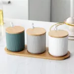 3PCS/Set Nordic Ceramic Spice Jar with Lid and Spoon Creative Seasoning Box Salt Pepper Shaker Kitchen Condiment Storage Bottle