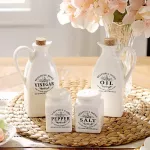 4PCS/Set Ceramic Spice Jar with Wood Cork Kitchen Condiment Bottle Seasoning Tank Pepper Vinegar Salt Shaker Cooking Tools