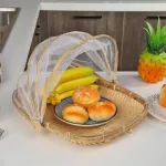 New Bamboo Tent Basket Hand Woven Tray Anti Bug Food Fruit Container Net Mesh Cover Kitchen Storage