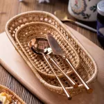 1/2PCS Handmade Oval Rattan Bread Basket Hand-Woven Tea Tray Food Service Platter for Dinner Parties Coffee Breakfast
