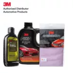 3 M, a microfiber towel + scratching solution and scratches + 3M vehicle cleaner, mixed wax formula, plus a sponge to wash the car and towel