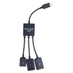 3 In 1 Micro Usb Hub Male To Female Double Usb 2.0 Host Otg Adapter Cable Converter Extender Universal For Mobile Phones Black