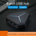 Usb 2.0 Hub 6 Port 1m Cable Splitter With Tf Sd Card Reader Mic Aux Cool Light Charging For Multi-Device Desk Lap