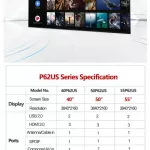 TCL55 inch P62US displayed HDR, both HDR, HDR10+HLG, HDMI+USB+AV+OpticalDigital+Headphone+Antenna. Watch Netflix+Youtube+LAN+WIFI.